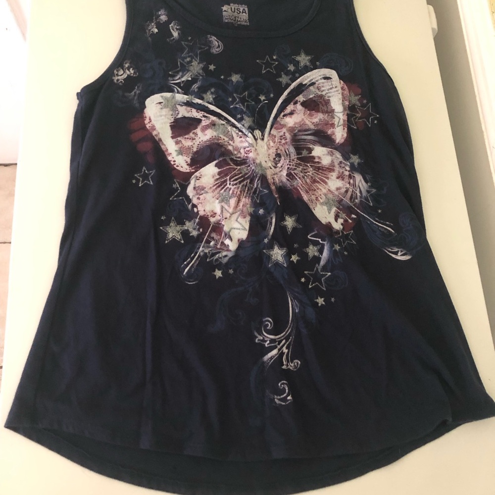 THE CLAS-SIC USA | Distressed Butterfly & Stars Graphic Tank Top - Navy